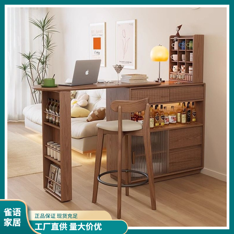 Solid Wood Bar Table Family Living Room Retractable Mobile Integrated Sideboard Corner Storage Modern Japanese Island Table