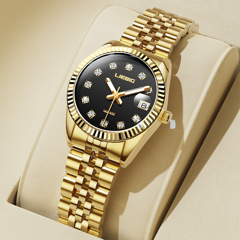 Liebig Quartz Watch Women's Luxury Gold Women's Steel Band Luminous Non-Mechanical Watch Men's Submariner Waterproof Watch