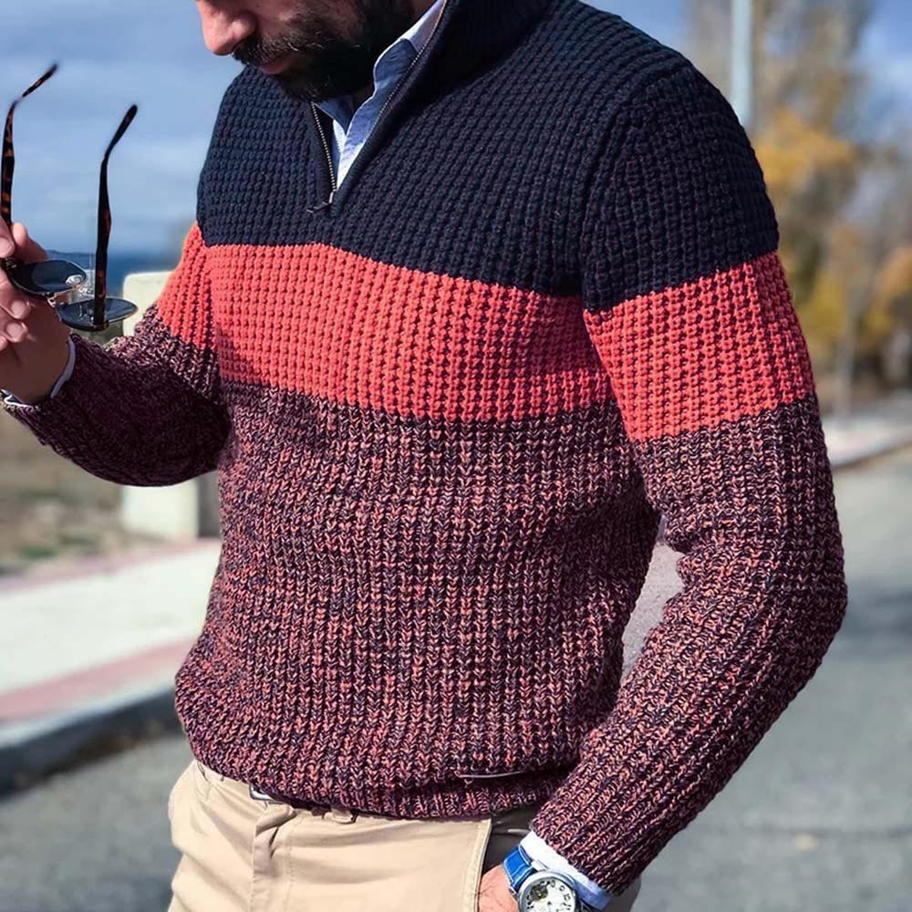 Colores de lujo de manga larga transfronteriza camiseta de punto casual de hombre caño invierno con cremallera suéter de hombre grande de cuello en V