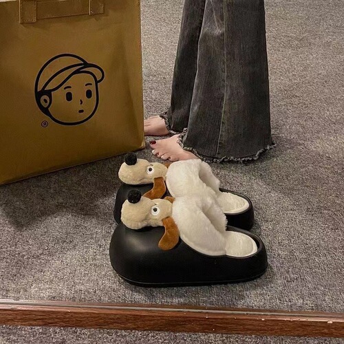 Cartoon puppy removable waterproof cotton slippers for women to wear outside in winter cute warm woolen cotton shoes confinement slippers for women
