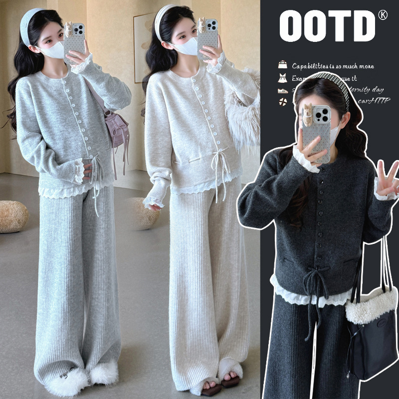 Real Shot of 2025 New Products for Pregnant Women, Lace Splicing Lace-Up Design, Wide-Leg Pants, Knitted Sweater, Loose Suit