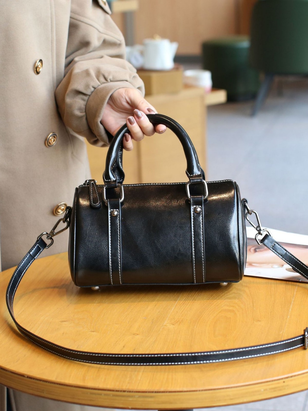 牛革オイルワックスレザーレトロピローバッグ人気ファッションボストンショルダークロスボディ実用クロスボーダークラシックレザー