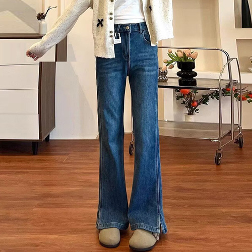 Blue ripped wide-leg micro-denim jeans for women, new spring and autumn style, stretch straight-leg non-tight bell-bottom pants for plus-size MM.