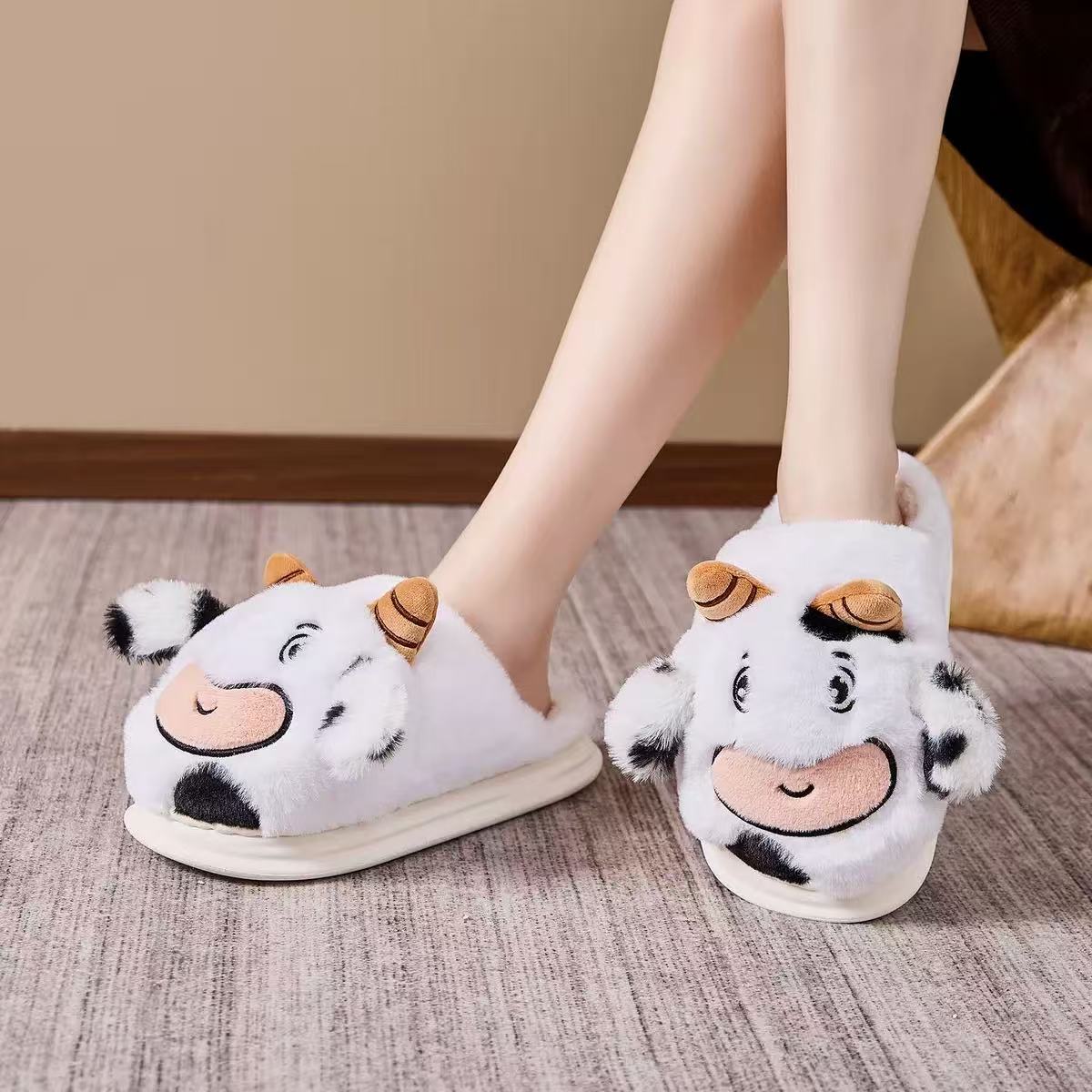 Transfronterizos manchas lana de vaca interior zapatillas de algodón para el hogar otoño y invierno calentamiento peluche grueso zapatillas casuales