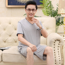 男士睡衣夏季莫代尔短袖长裤加肥爸爸套装中老年老人父亲家居服