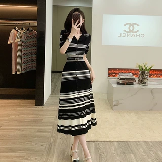 气质小香风撞色条纹针织连衣裙女夏季新款女装时尚翻领长款裙子