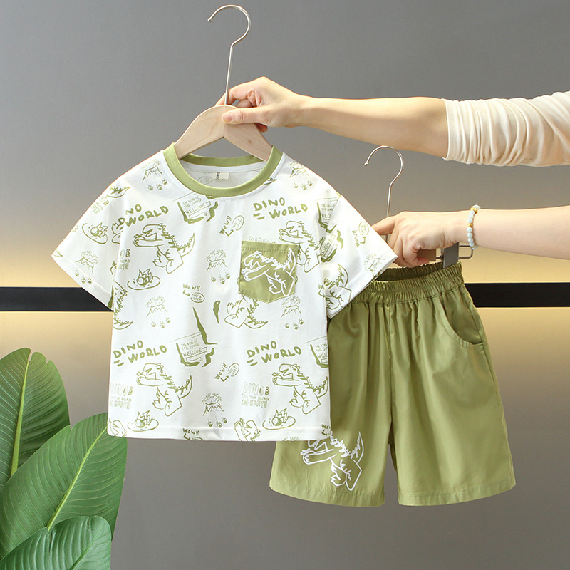 7277 Traje de verano para niños 2025 nuevo estilo estilo occidental dibujos animados para niños dinosaurio de manga corta bebé verano delgado dos piezas