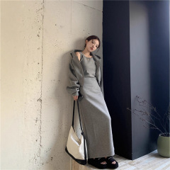 实拍 2025秋季新款灰色休闲套装女短开衫卫衣+吊带连衣裙两件套装