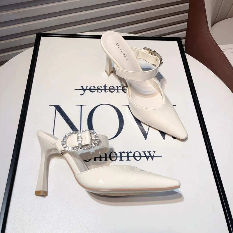 Стильные полусандалии Baotou в стиле феи 2025, новые туфли на шпильке с острым носком, стразы, лакированная кожа, верхняя одежда, интернет-хит, босоножки на высоком каблуке