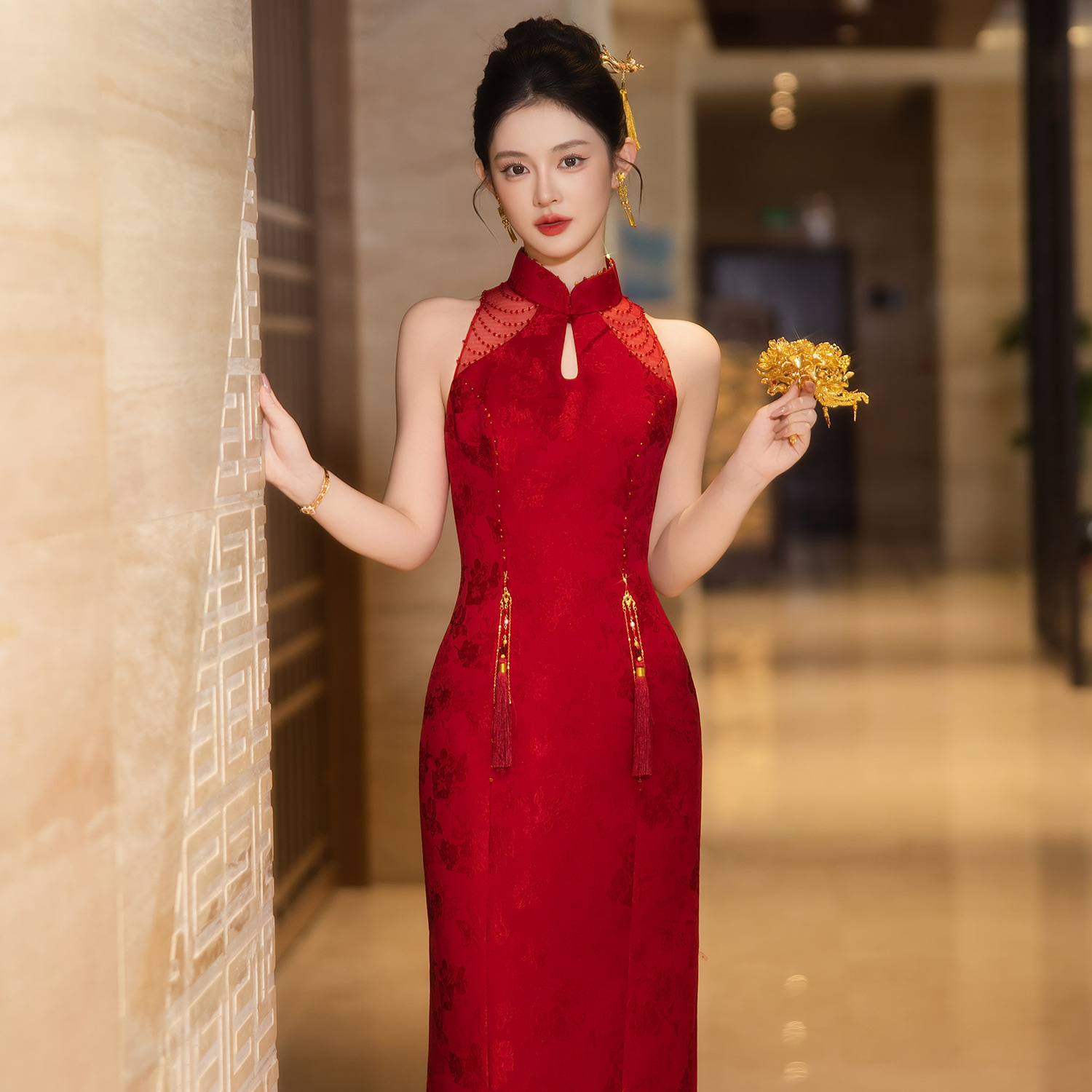 Red Cheongsam Dress for Toasting, 2026 New Style Bridal Wedding and Engagement Dress, Formal Dress for Homecoming Banquet, Elegant and Slimming for Women