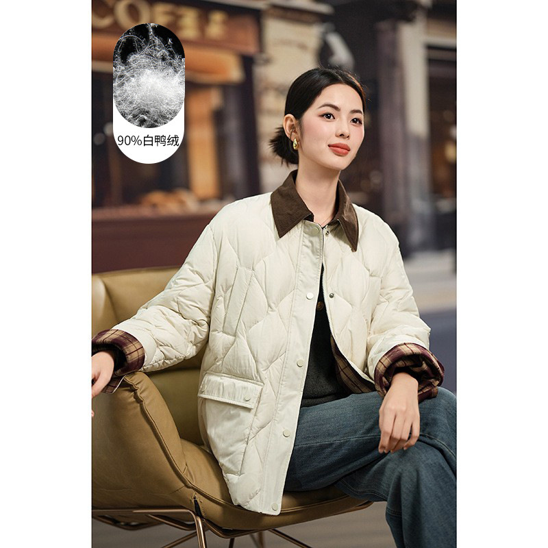Mid-Length down Jacket with Workwear Style, Corduroy Shirt Collar, Diamond Pattern, Three-Proof, 90% White Duck down Coat, New Women's Fashion