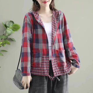 格子衫连帽衬衫女2025秋季新款复古文艺范设计感小众抽绳棉麻衬衣