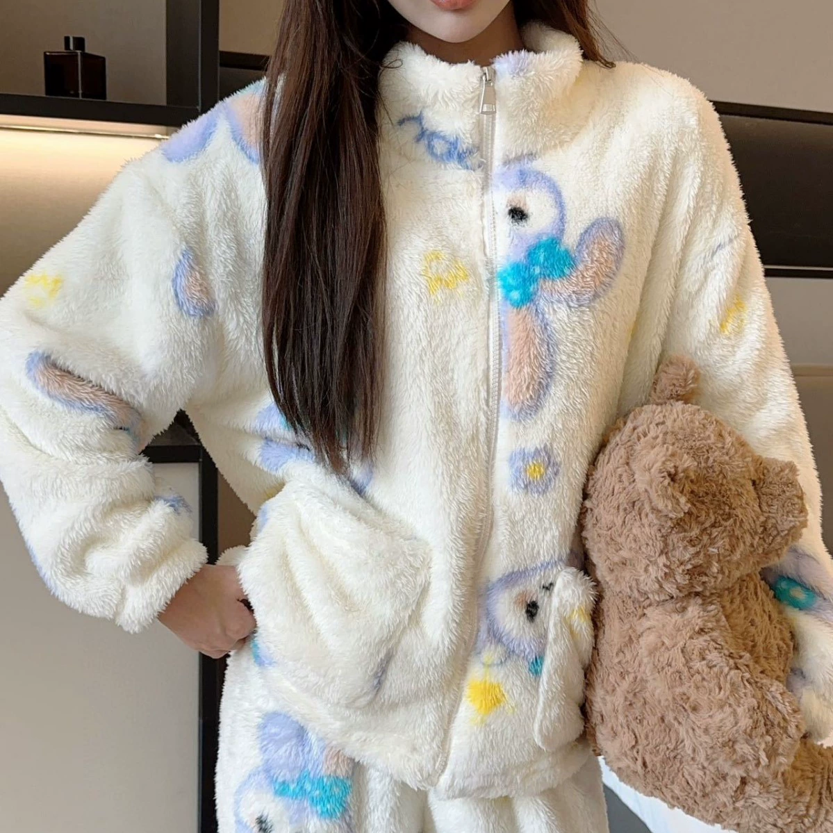 Женский домашний костюм на молнии с принтом, утепленный, теплый, с мультяшным рисунком, комплект из двух предметов, милый и забавный, в девичьем стиле.