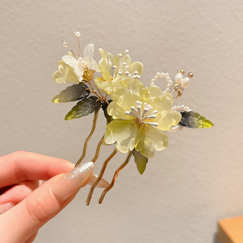 Peonía peonía peonía súper hada horquilla albóndiga accesorios para el cabello femenino peine de cabello verde fresco accesorios de cheongsam peine insertado tocado lateral