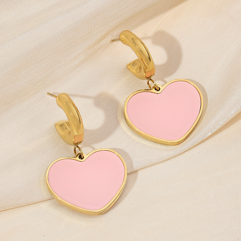 Nueva joyería de moda de acero inoxidable estilo dulce pendientes rosados goteando aceite amor forma temperamento pendientes mujer fabricante