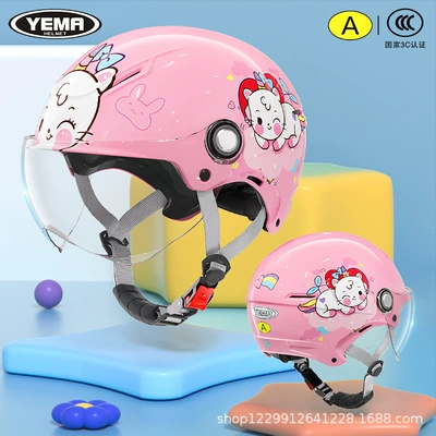 3C Certified Mustang Kidsren's Helmet for Girls, All-Season Model for Boys, Summer Electric Motorcycle, Kids and Baby Safety Helmet (Motosiklet kaskı (dəbilqə)) - summer-style-light-pink-unicorn-kitten-transparent-short-lens