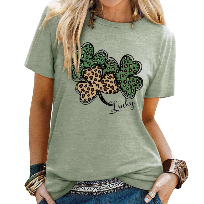 Cross-Border Amazon Export Supply Lucky Leopard Print Clover Printed Short-Sleeved T-Shirt Women's Casual Summer Loose