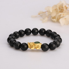 s925纯银貔貅黑曜石手串招财纳福3D工艺玉髓优雅大气福字佛珠手链