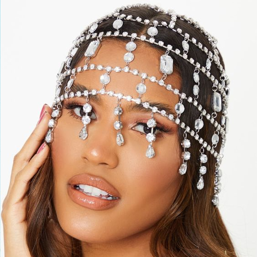 Tocado rhinestone caliente europeo y americano moda de las mujeres exagerada malla borla diadema de múltiples capas accesorios de la cadena del pelo Tocado