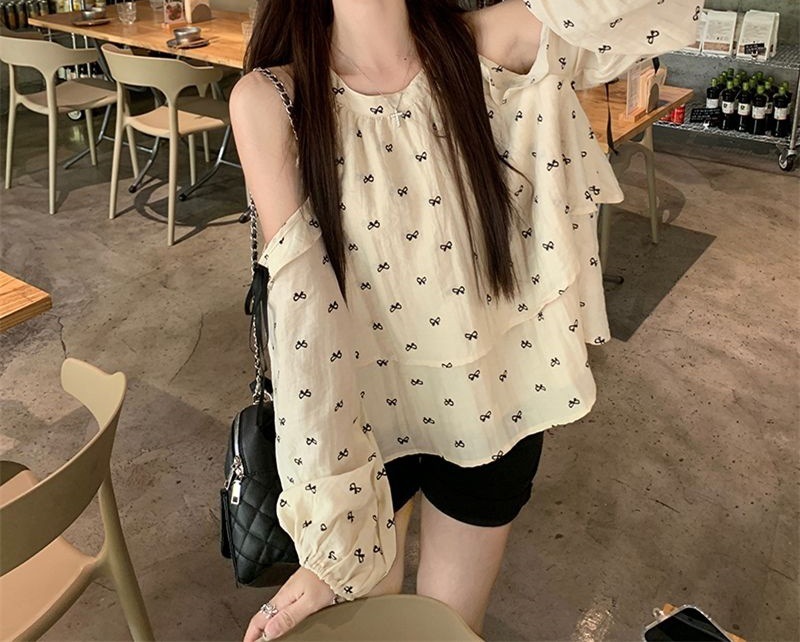 春秋新款小个子甜美减龄蝴蝶结修身显瘦露肩衬衫宽松挂脖娃娃衫女|undefined