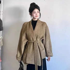 原版质量新款韩版中长款小个子羊毛大衣女浴袍款系带收腰毛呢外套