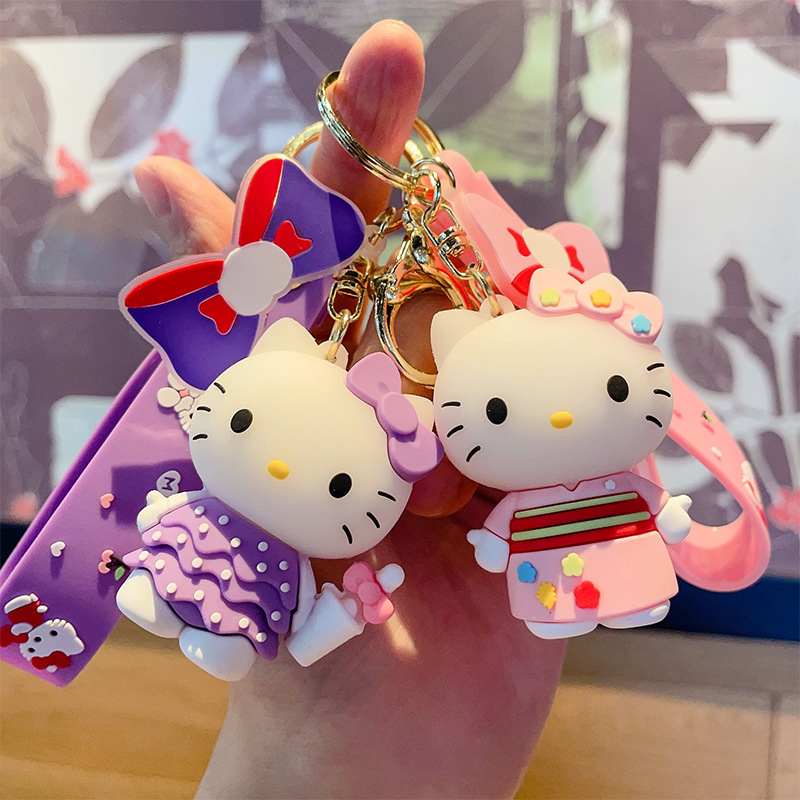 New KT Cat Keychain Cartoon Animation PVC Doll Cat Bag Pendant Car Key Ring Creative Gift