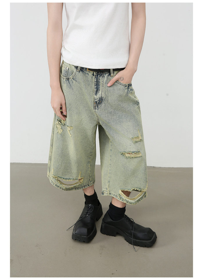 Quần short jean nam ống rộng ống thẳng dáng lửng rách nhẹ — Màu xanh lam chi tiết 10
