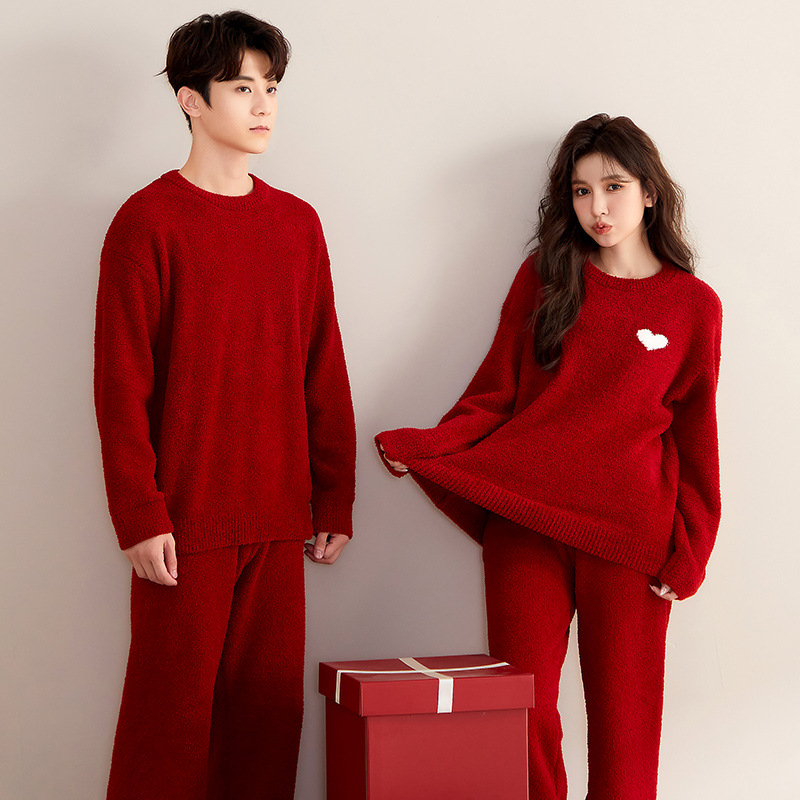 Red colored velvet keep warm coral pijama for men and women