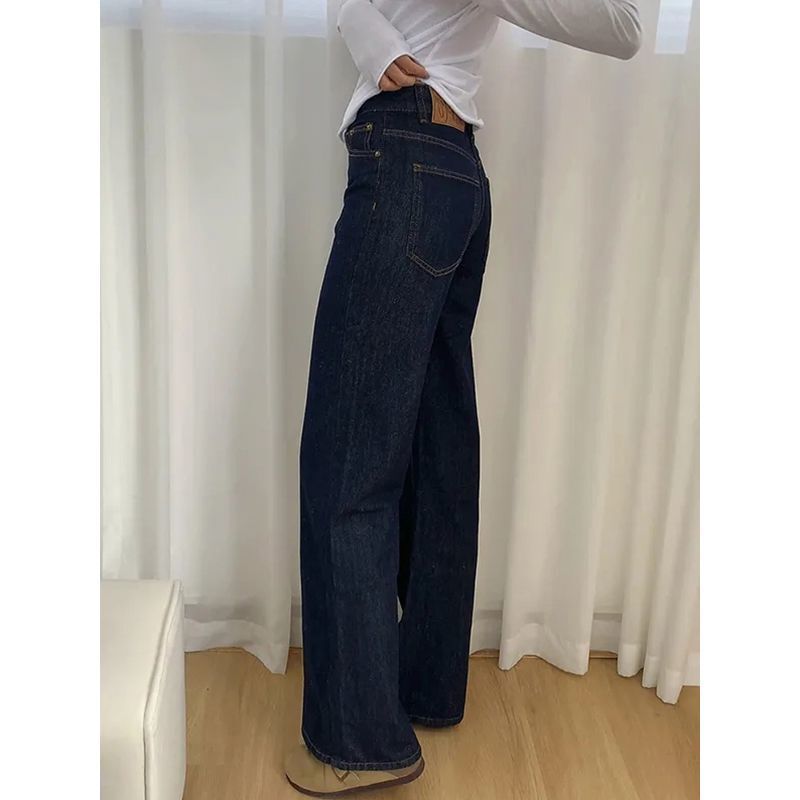 Petite Retro Dark Blue Flared Jeans for Women with a Stylish Low-Waist Loose Slimming Bell-Bottom Wide-Leg Design