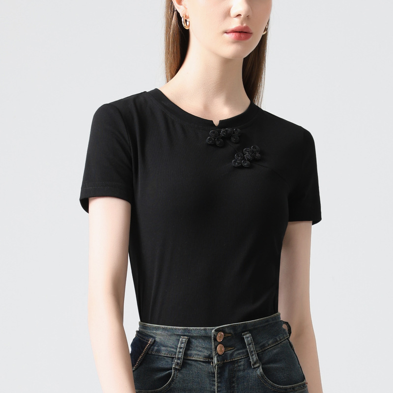 Nueva camiseta china de manga corta para mujer 2025 nueva camiseta de cuello redondo de color sólido para mujer image 2