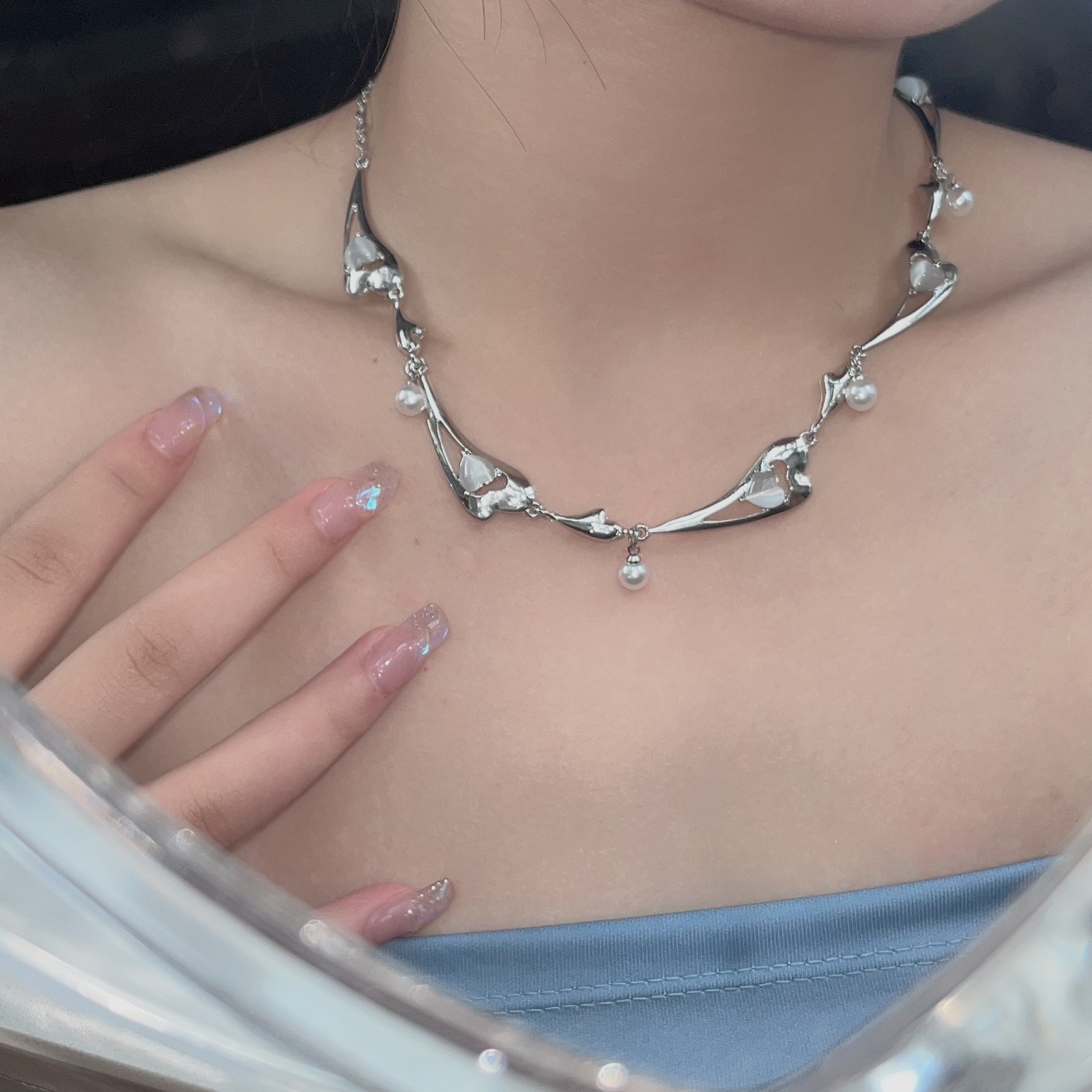 Fashion Heart Shape Alloy Plating Artificial Pearls Opal Necklace