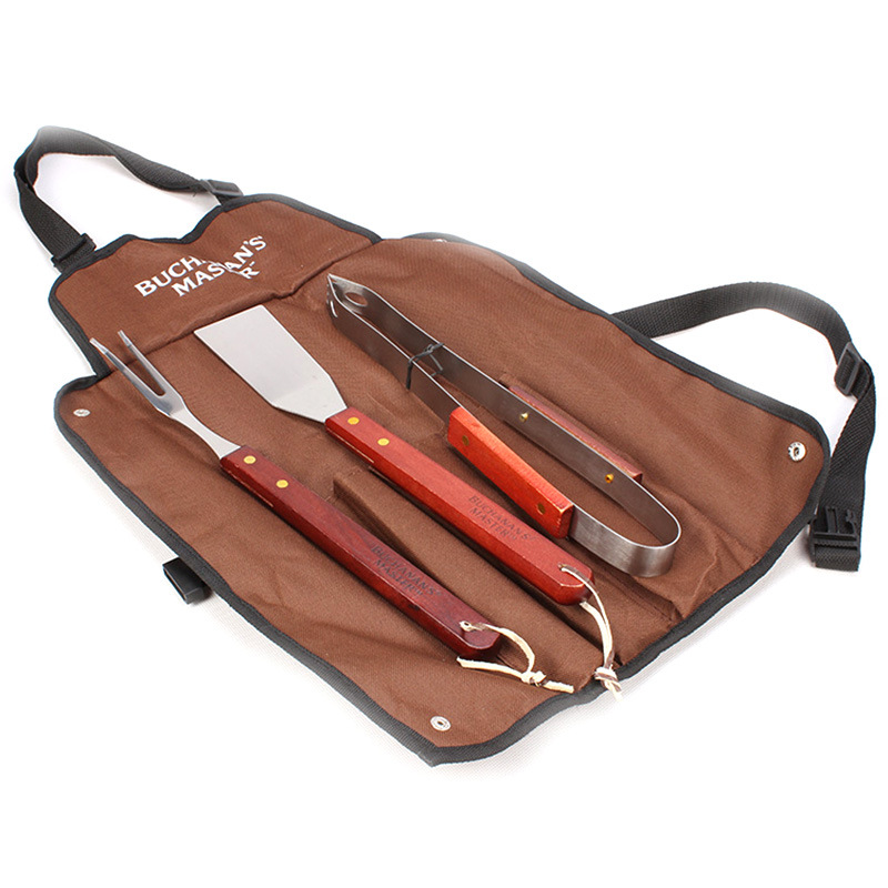 Parrilla de barbacoa de acero inoxidable 3-pieza tenedor pala clip mango de madera suministros de barbacoa bolsa de tela delantal combinación parrilla traje