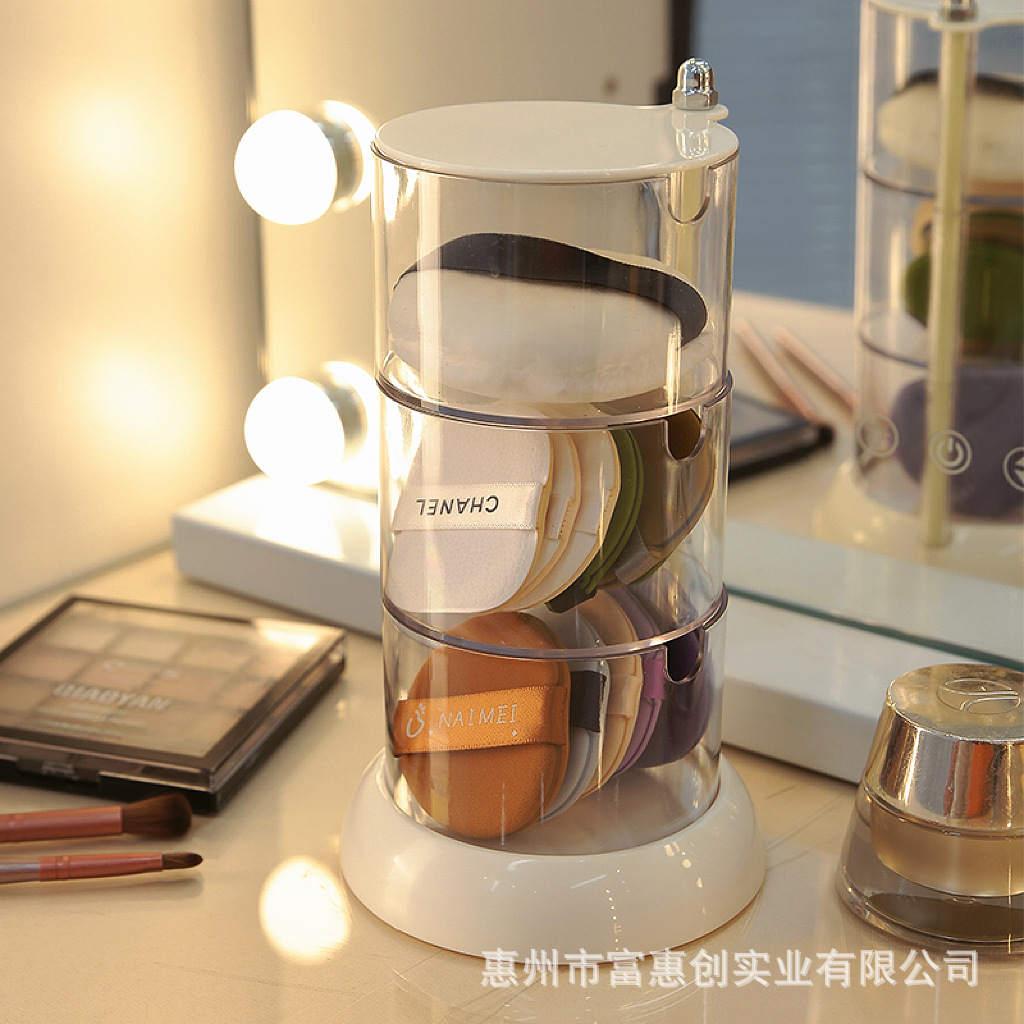 Caja de almacenamiento de soplo de polvo transparente giratorio a prueba de polvo multicapa redondo grande cojín de aire maquillaje algodón belleza estante de almacenamiento de huevos