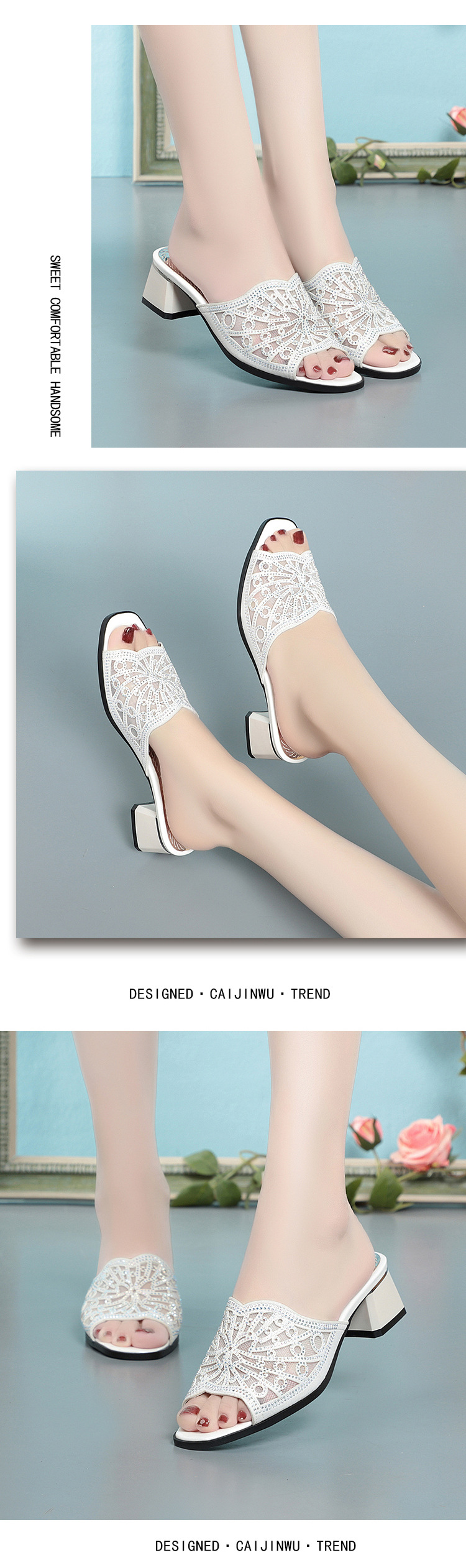 Dép lê lưới đế thô chống trượt đính đá thời trang cho nữ trung niên gót vừa — Màu vàng chi tiết 3