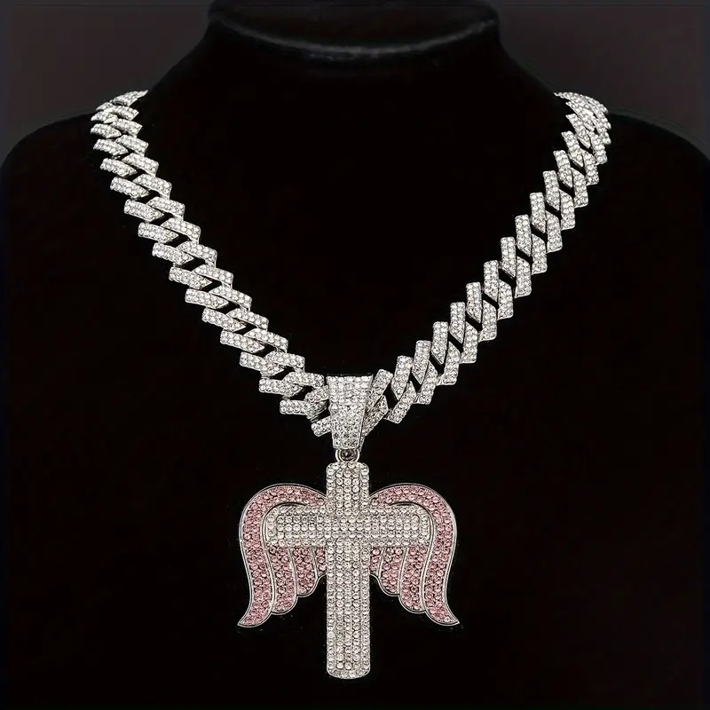 Cuban Link Chain Curb Chain Chain Type New Rhinestone Personality Diamond Stud Angel Wings Cross Pendant Hip Hop Creative Necklace