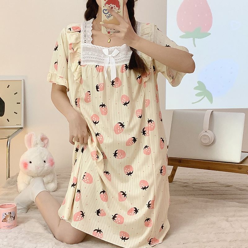 Verano de manga corta camisón de encaje de la muchacha pijamas princesa estilo suelto más tamaño de dibujos animados ropa para el hogar al por mayor