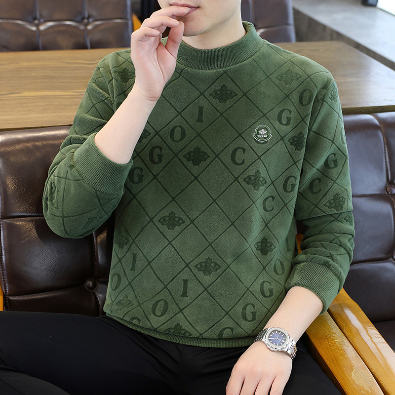 Double-Sided Austrian Velvet Men's Autumn and Winter Velvet Thickeneded Sweatshirt Pure Color Thermal Intimates Half Turtleneck Top T-Shirt