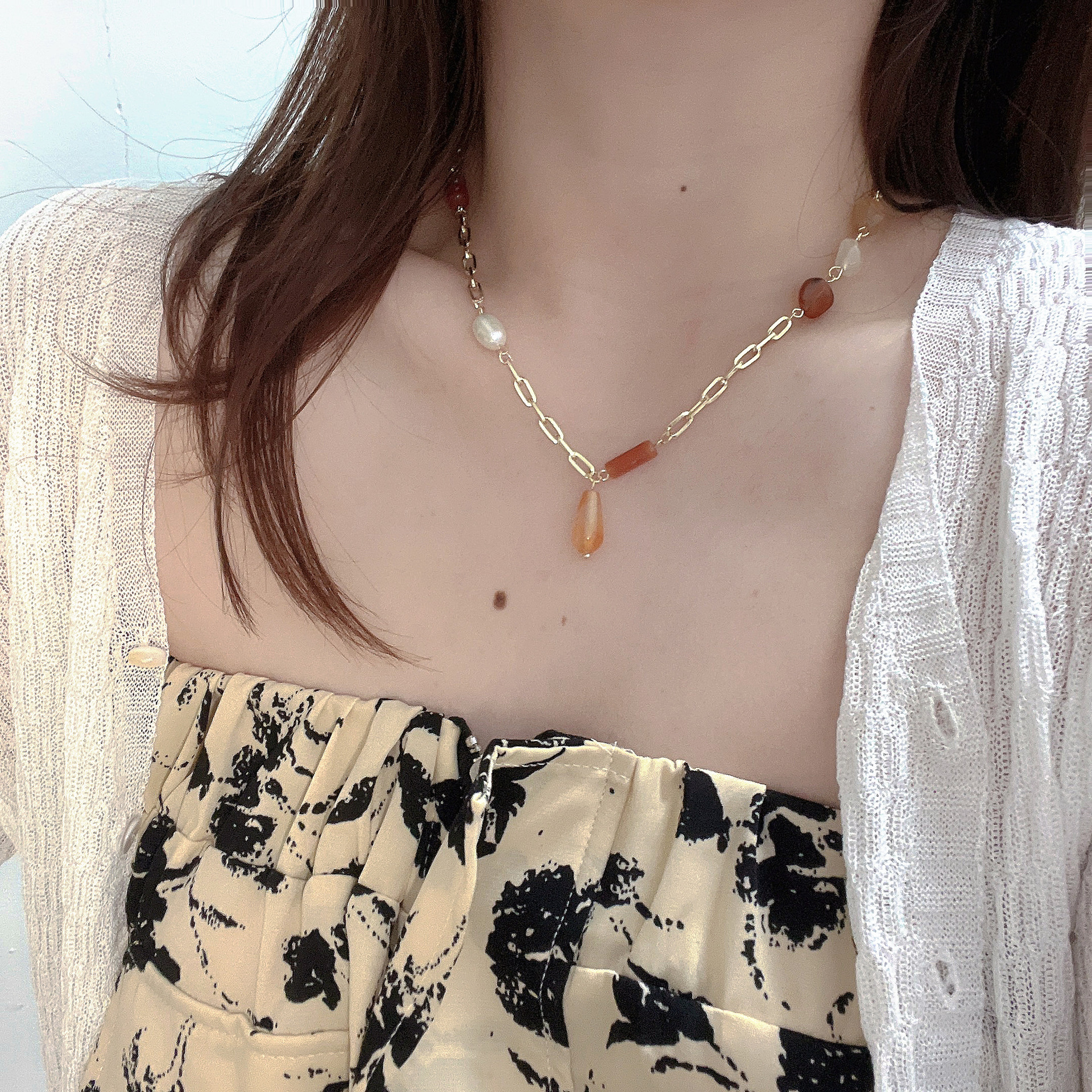 Fashion Geometric Alloy Glass Patchwork Necklace