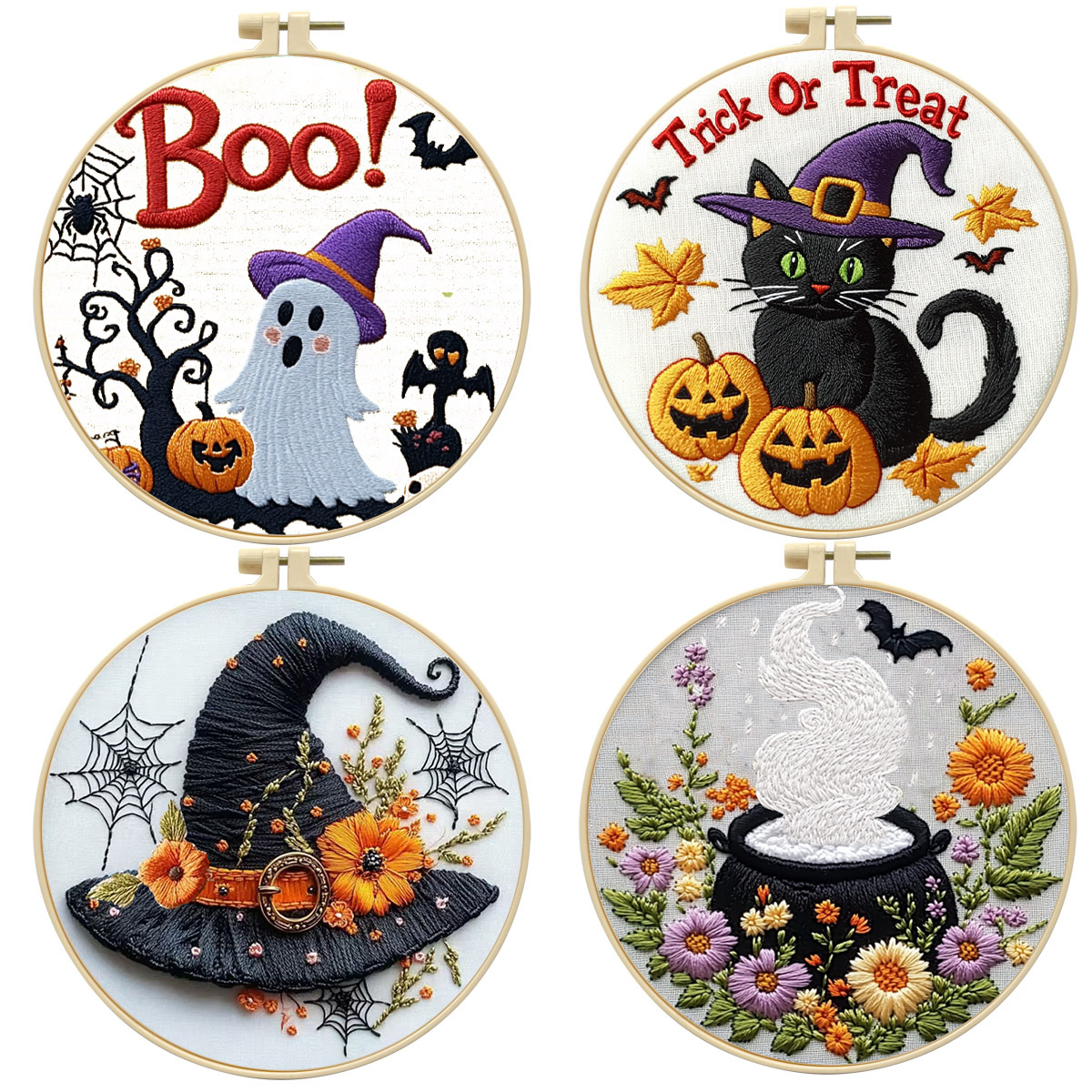 Nuevos productos transfronterizos bordados Halloween fantasma sombrero gato negro conjunto bordado hecho a mano material DIY bordado al por mayor