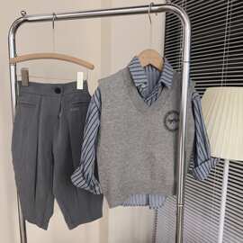 男童春季学院风套装2025新款春秋洋气网红针织马甲男宝宝长袖衬衫
