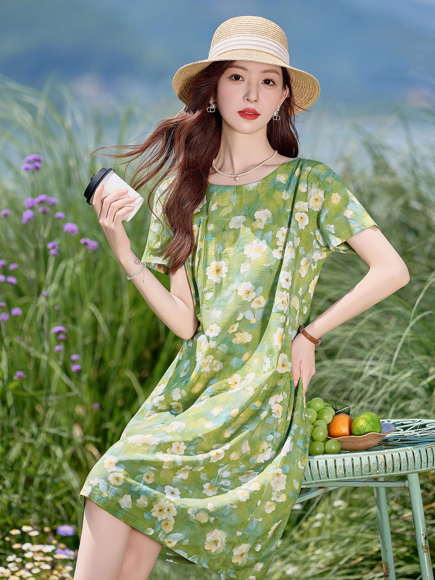 Đầm maxi nữ hoa nhỏ xanh lá cây tươi mát, dáng suông rộng, tay ngắn, mỏng nhẹ mùa hè 2025 — Màu hồng xanh lục, Màu xanh lá