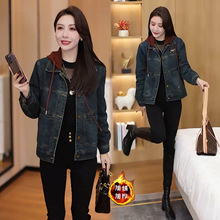 时尚加绒加厚牛仔短外套女2025秋冬新款洋气保暖夹克休闲连帽外套