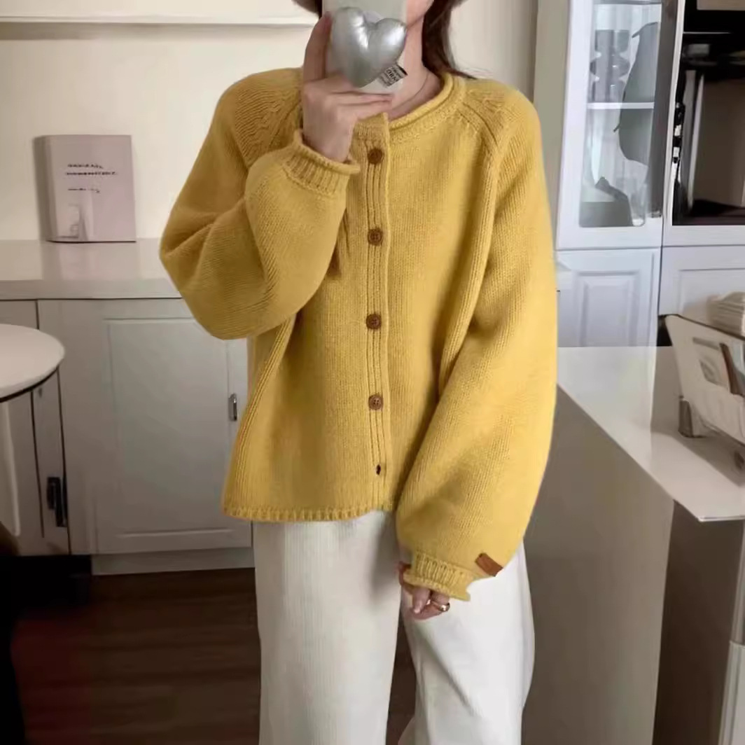 韩国东大门卷边针织衫开衫女2024春季新款甜美灯笼袖宽松毛衣外套