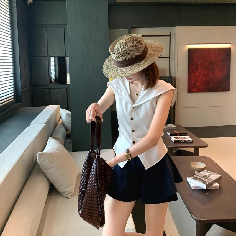 zhi士Cheese曼塔水仙夏复古气质百搭老钱风海军领衬衫女无袖上衣|undefined