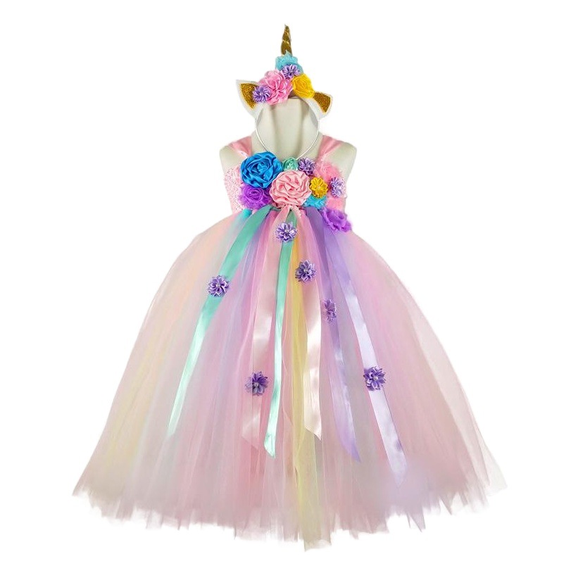 Vestido de los niños dulces vestido de unicornio niña linda flor europea y americana Comercio exterior vestido largo Tutu vestido