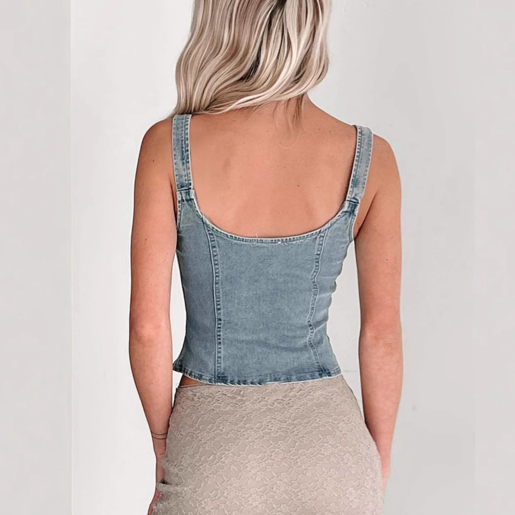 2025 Spring/summer New Women's Denim Cardigan Sleeveless Zipper Vest Small Suspender Top_ecoleips.com