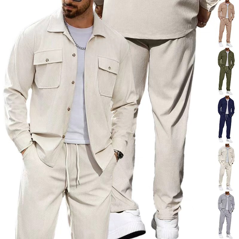 Transfronterizos Europa y América Amazon hombre deporte casual dos piezas simple botón chaqueta con la solapa de bolsillo conjunto de pantalones
