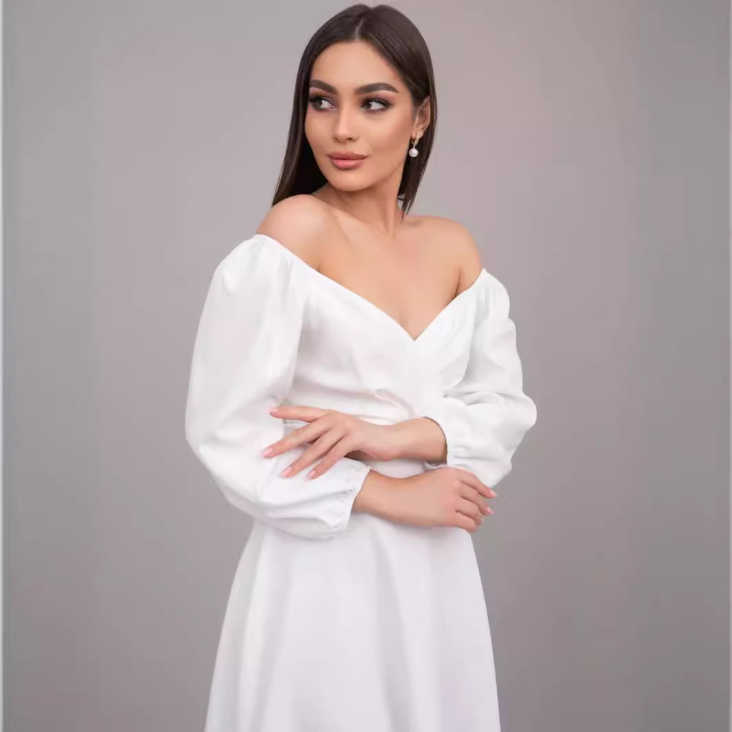 23105 Comercio exterior ropa de mujer estación independiente primavera moda cuello en V cintura apretada puff manga temperamento vestido mujeres con bolsillos