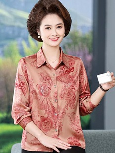 2025 mother spring and summer long sleeve shirt 40 years old 50 middle-aged people silk shirt middle-aged and old women printed top