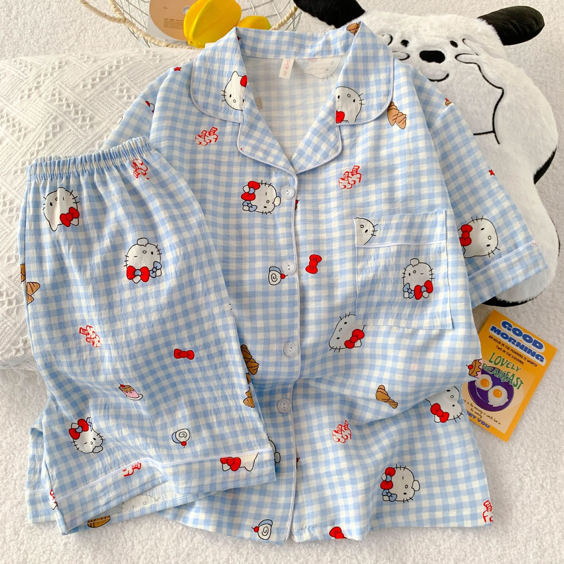 Venta al por mayor transfronteriza de primavera y verano estilo caliente pijamas mujeres estilo fino nube algodón simple dibujos animados pantalones cortos de manga corta traje de servicio a domicilio